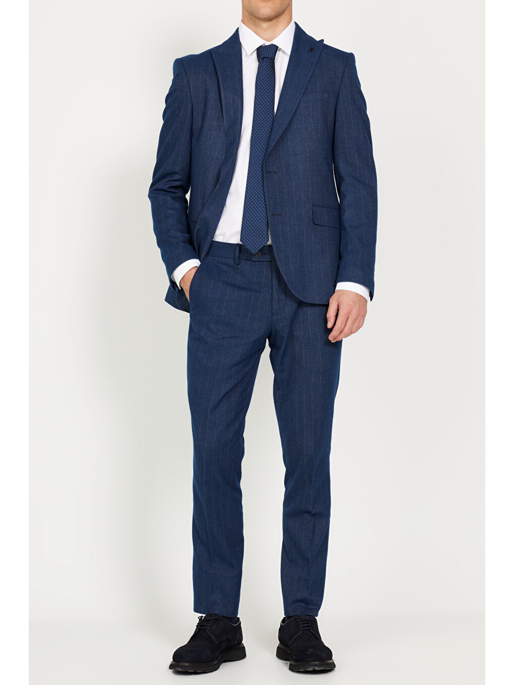 Erkek Lacivert Ekstra Slim Fit Dar Kesim Kırlangıç Yaka Çizgili Takım Elbise-4