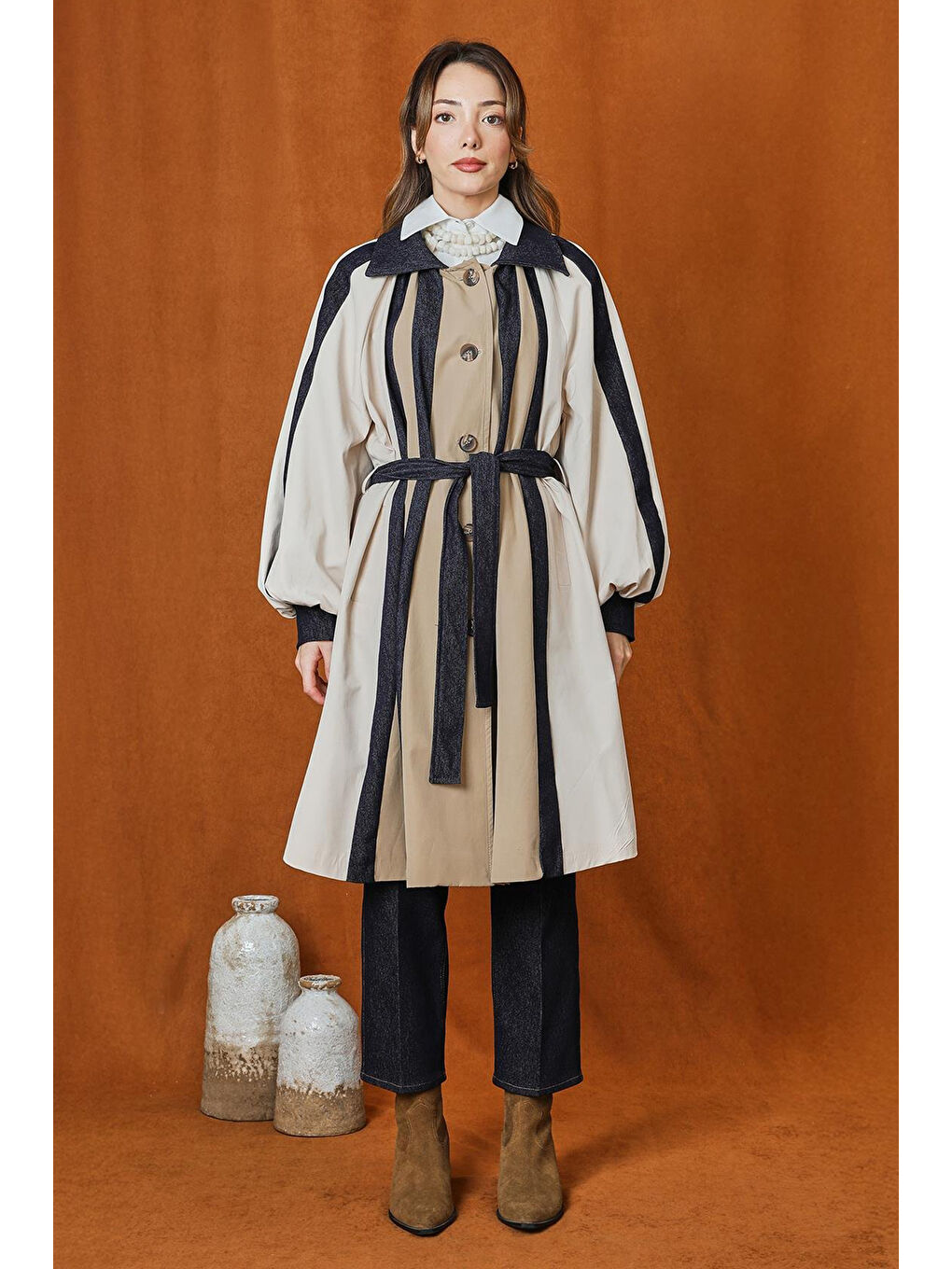 Kahverengi Jean Detaylı Pileli Trençkot 15221 Camel