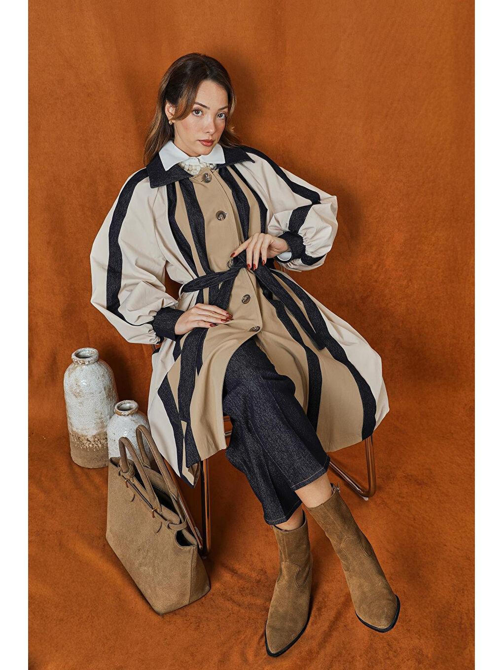 Kahverengi Jean Detaylı Pileli Trençkot 15221 Camel-1