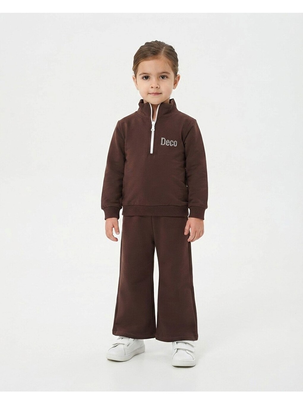 Kahverengi Kız Çocuk Mevsimlik Fermuarlı Yaka Sweatshirtli Compact Eşofman Takımı-1