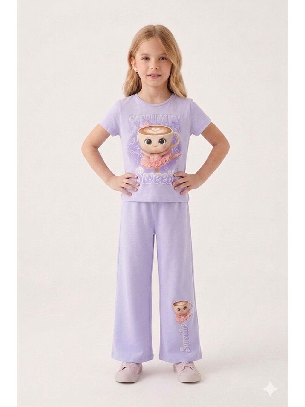 Lila Ballerin Baskılı Geniş Paça Taytlı Kız Çocuk 2li Takım 23799-1