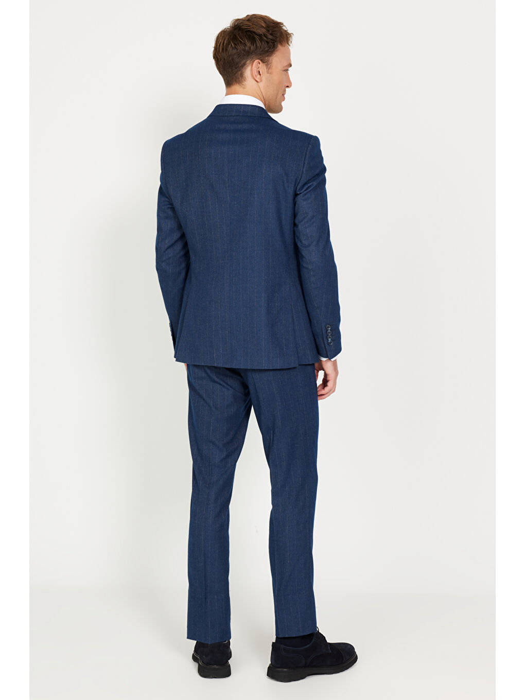 Erkek Lacivert Ekstra Slim Fit Dar Kesim Kırlangıç Yaka Çizgili Takım Elbise-6