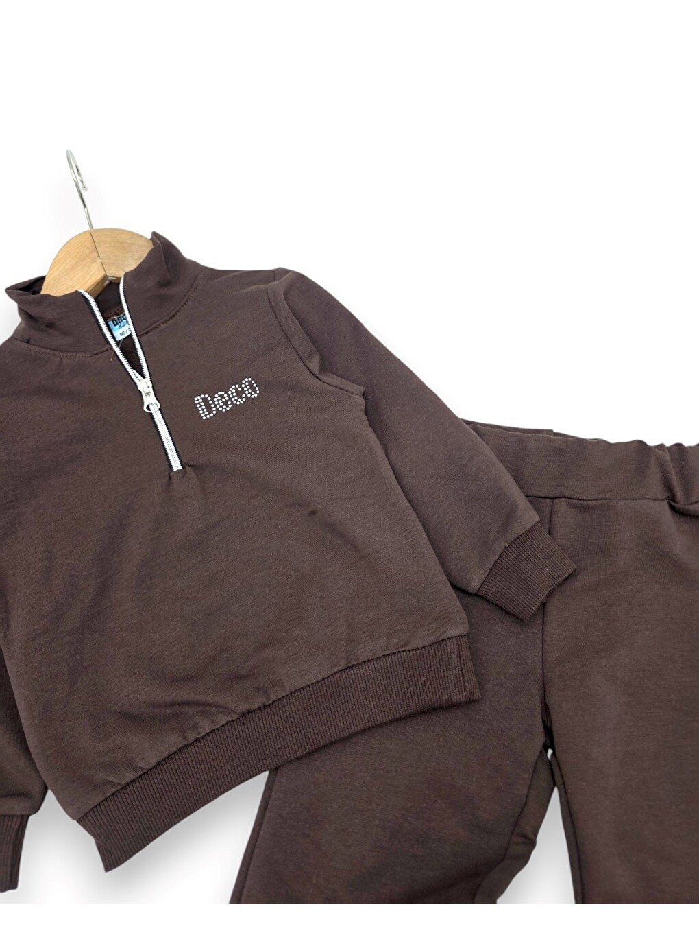 Kahverengi Kız Çocuk Mevsimlik Fermuarlı Yaka Sweatshirtli Compact Eşofman Takımı-5
