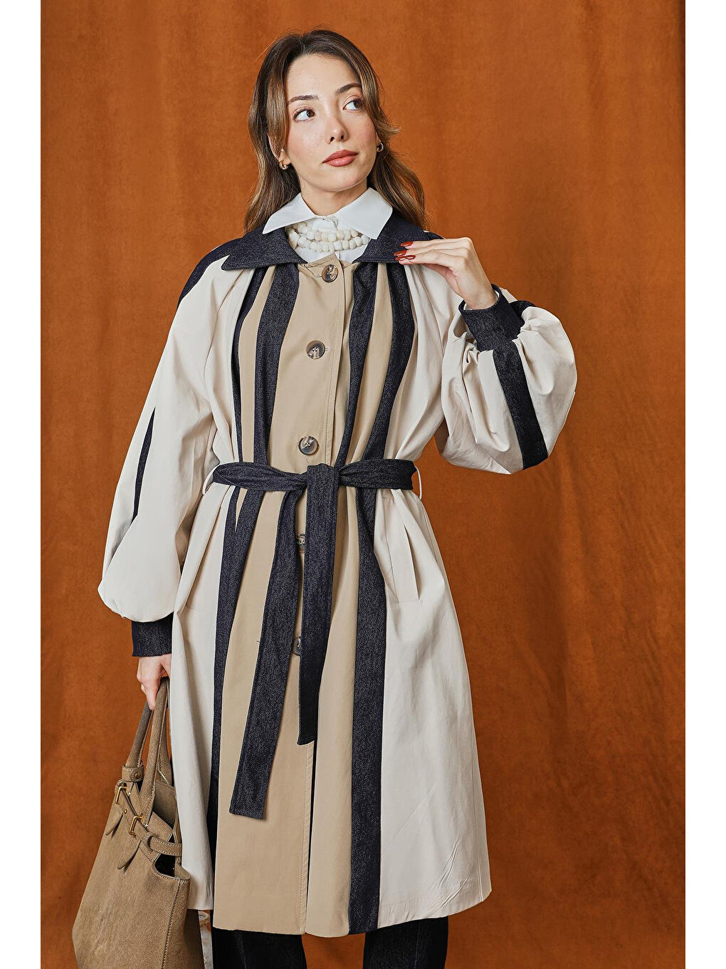 Kahverengi Jean Detaylı Pileli Trençkot 15221 Camel-2