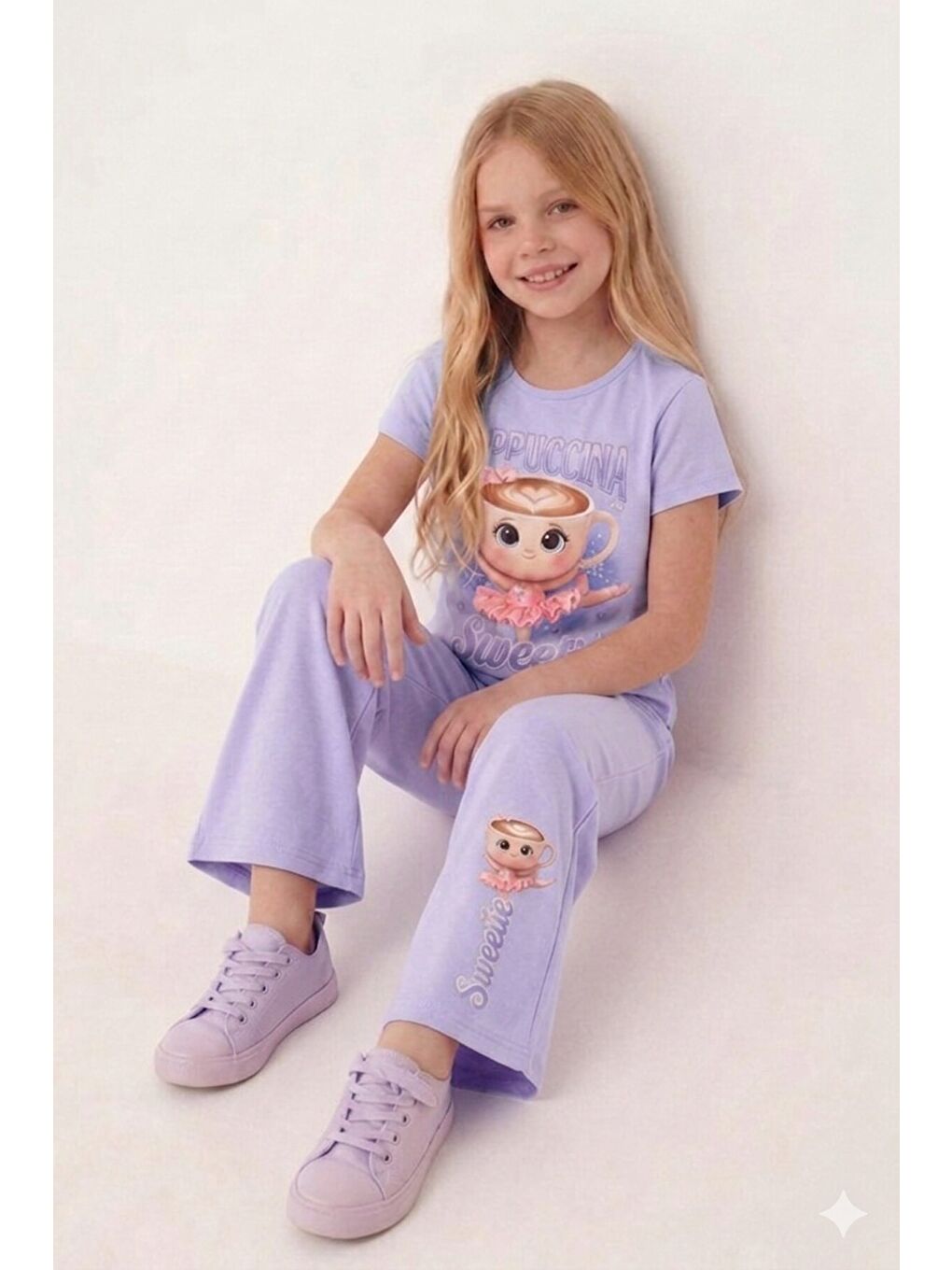 Lila Ballerin Baskılı Geniş Paça Taytlı Kız Çocuk 2li Takım 23799-2