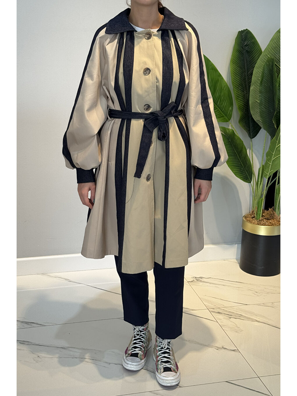 Kahverengi Jean Detaylı Pileli Trençkot 15221 Camel-3