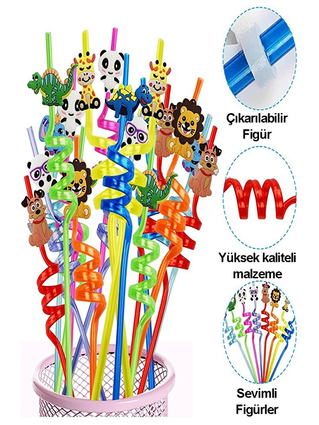 Karışık Figürlü Pipet 1 Adet Sevimli Renkli Kıvrımlı Pipet 26 Cm Ev Dekoratif Yıkanabilir Emoji-1