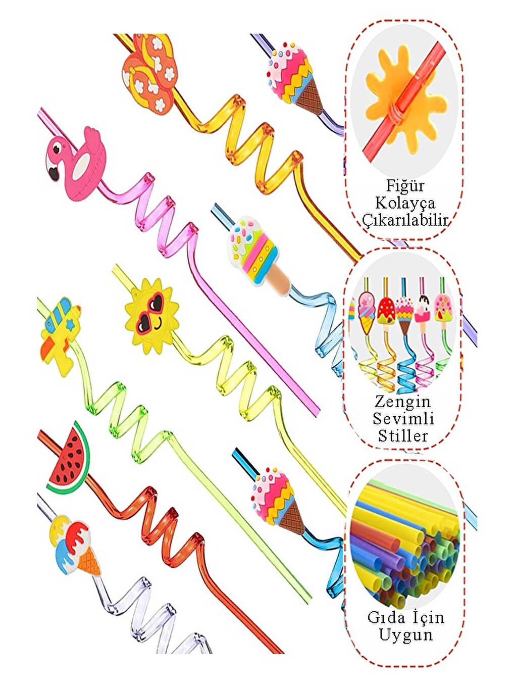 Karışık Figürlü Pipet 1 Adet Sevimli Renkli Kıvrımlı Pipet 26 Cm Ev Dekoratif Yıkanabilir Emoji-2