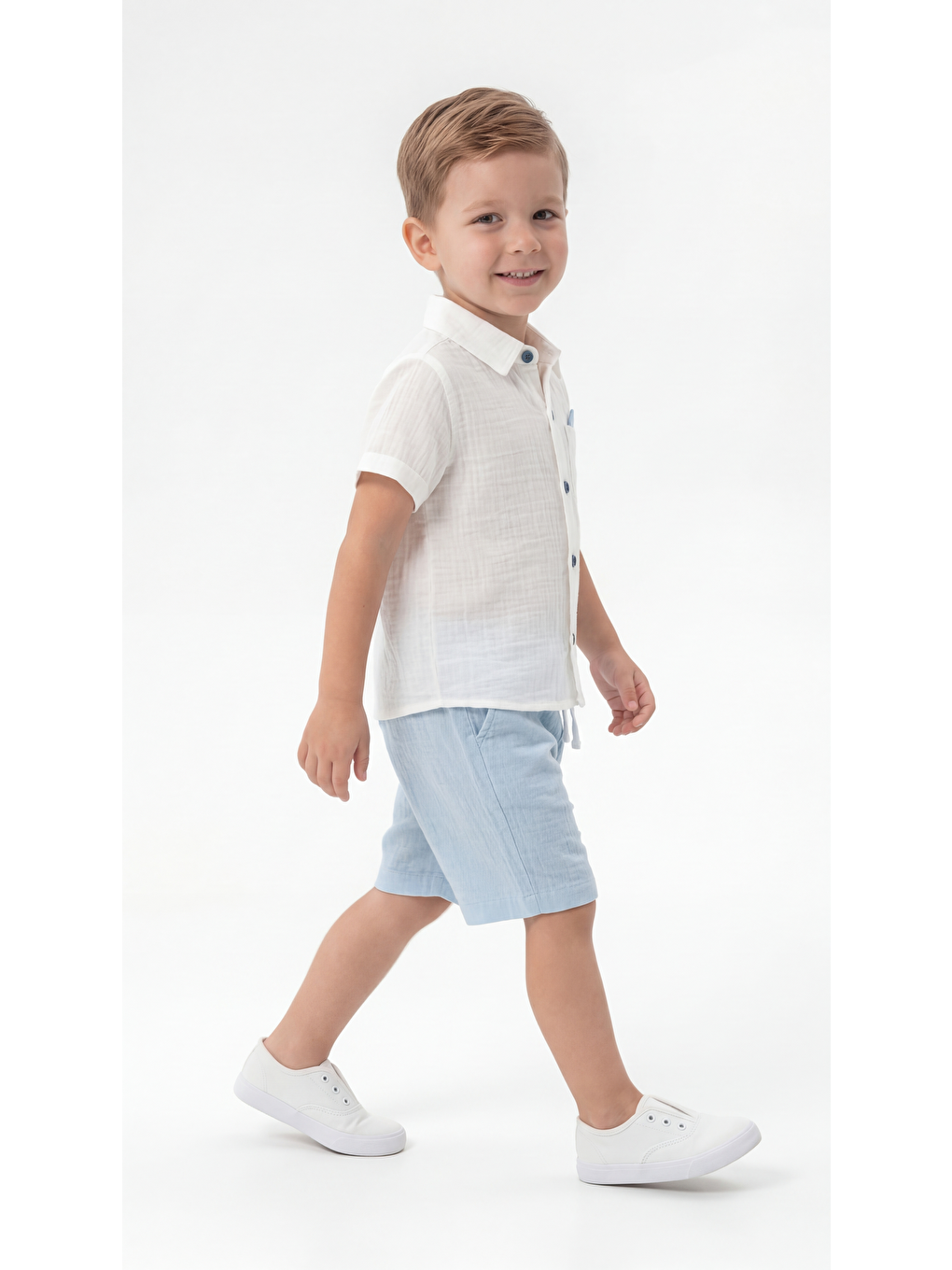 Mavi Cep Detaylı Düğmeli Kısa Kollu Erkek Çocuk Gömlek & Şort Takımı-1