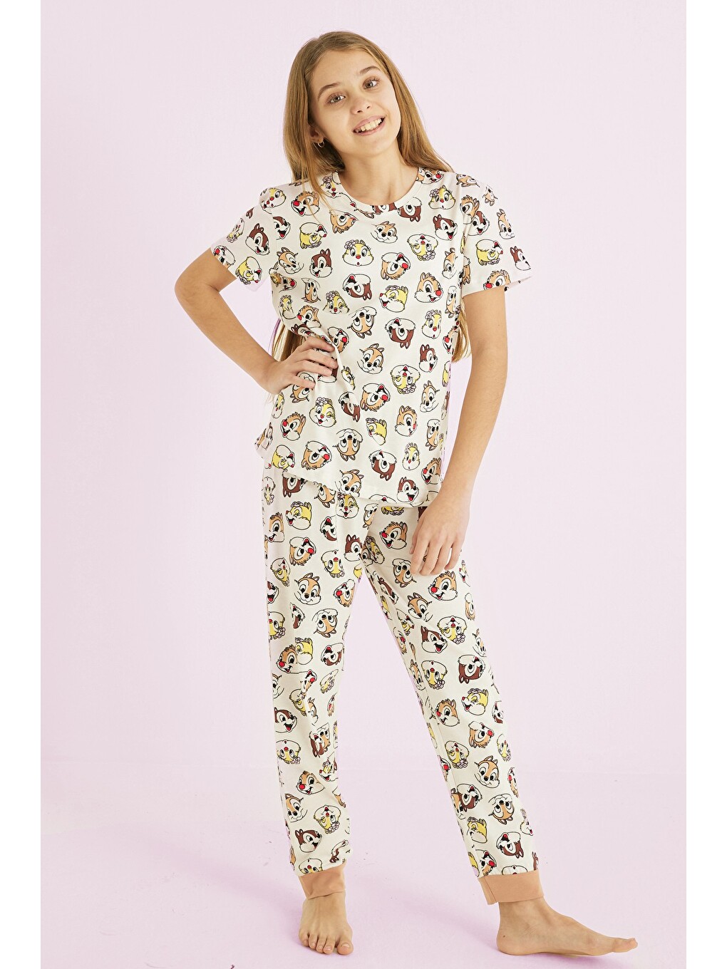 Ekru Kız Çocuk %100 Pamuk Hayvan Baskılı Bisiklet Yaka Pijama Takım25110051