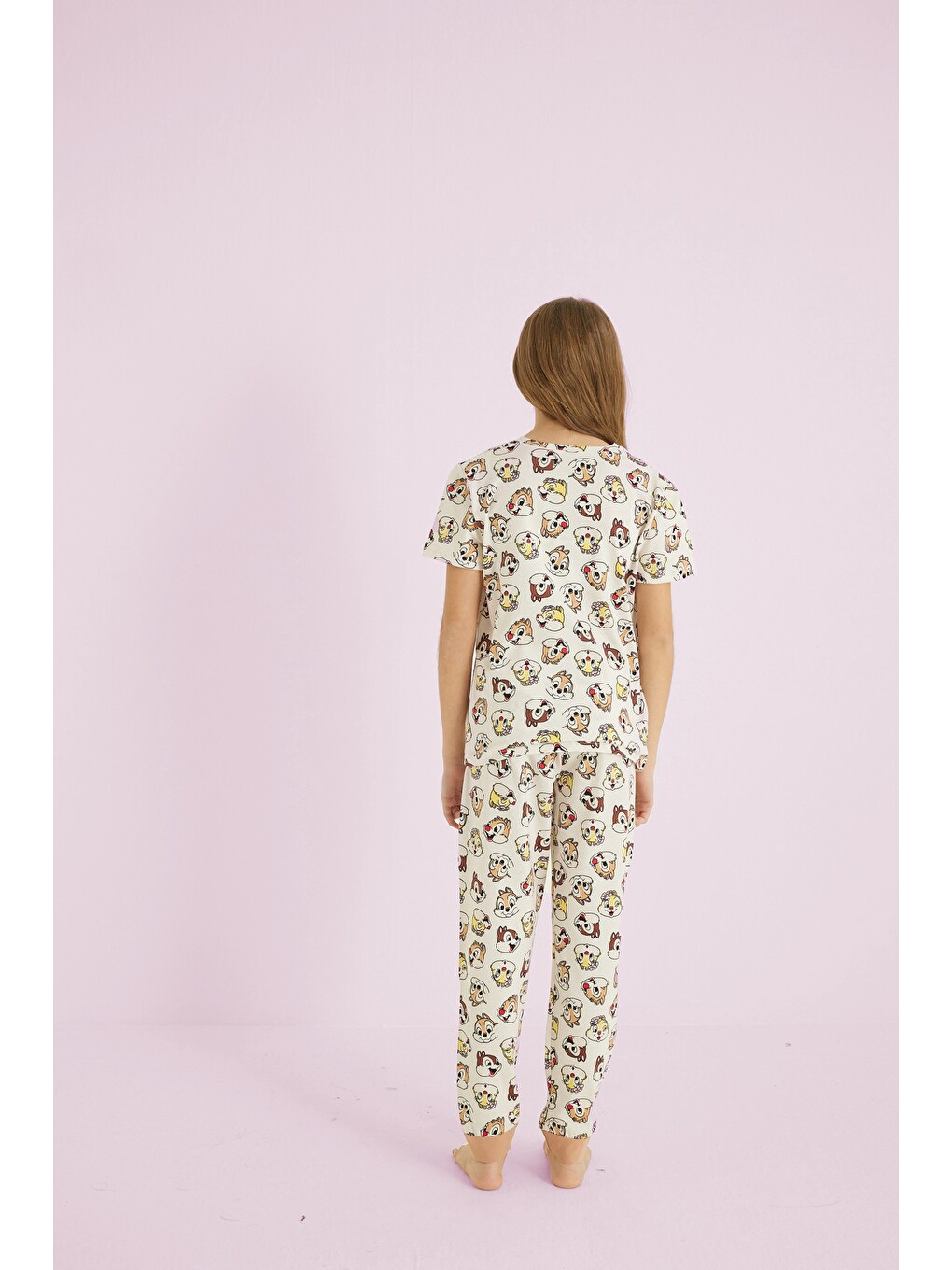 Ekru Kız Çocuk %100 Pamuk Hayvan Baskılı Bisiklet Yaka Pijama Takım25110051-1