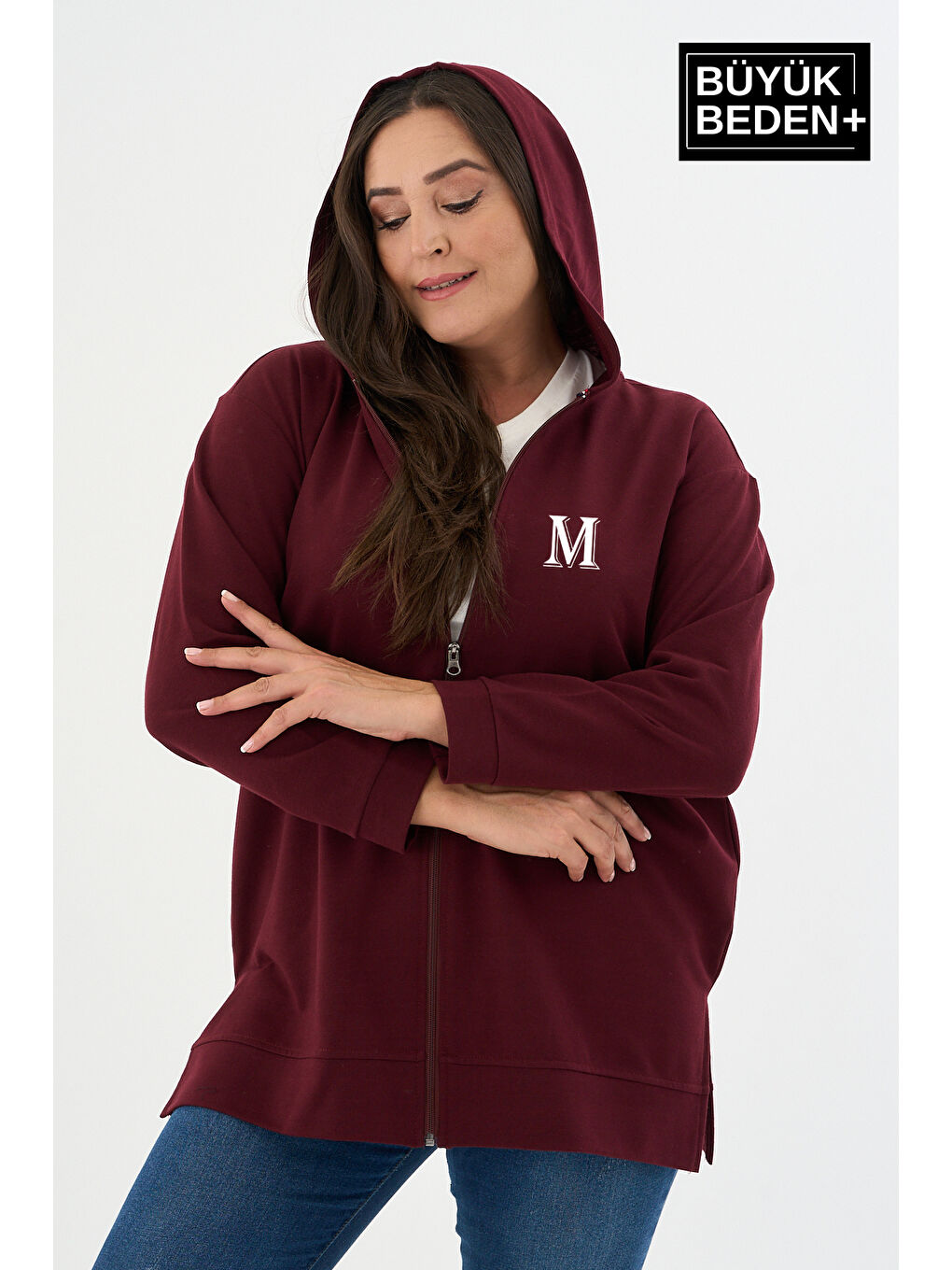 Bordo Kadın Tunik Büyük Beden M Baskılı Fermuarlı Kapüşonlu Sweat Hırka SPR26BTK955-4-1