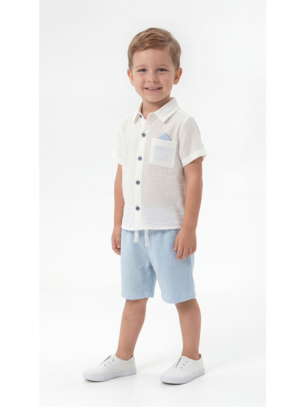 Mavi Cep Detaylı Düğmeli Kısa Kollu Erkek Çocuk Gömlek & Şort Takımı-2