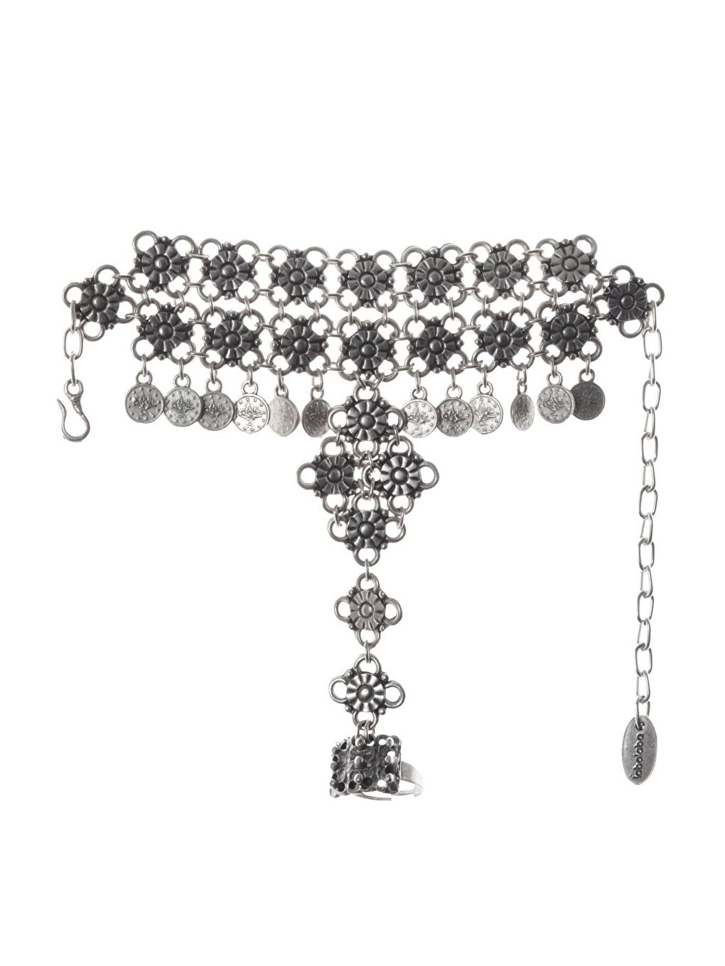 Gri Kadın Antik Gümüş Kaplama Yonca Formlu Ayarlanabilir Yüzük Detaylı El Şahmeranı