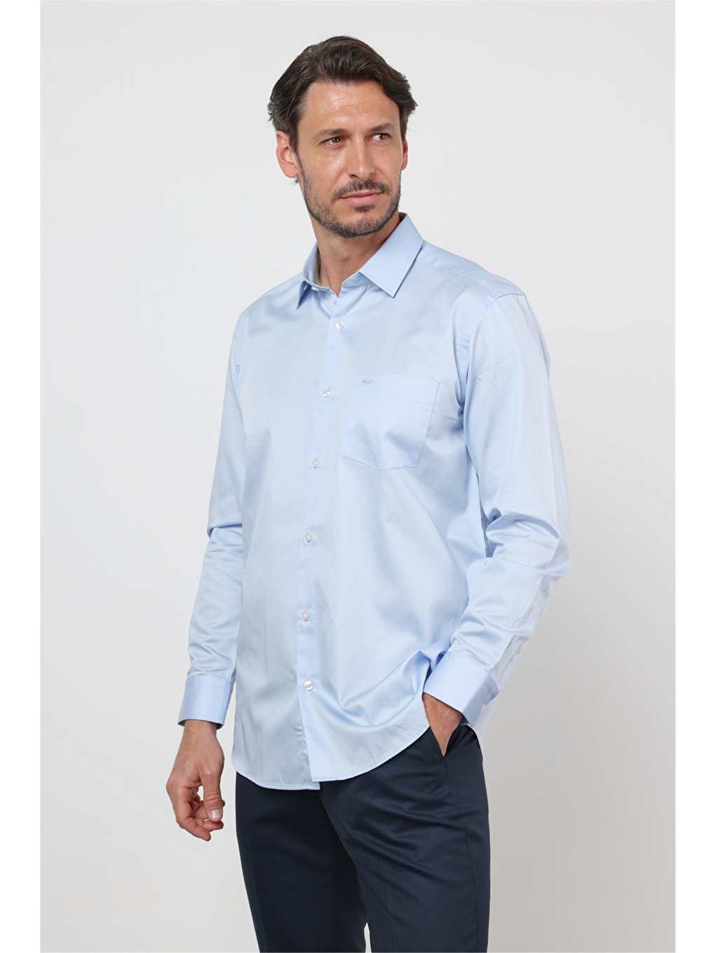 Mavi Sert Yaka Uzun Kol Cepli Saten Comfort Fit %100 Pamuk Gömlek 1004260423-2