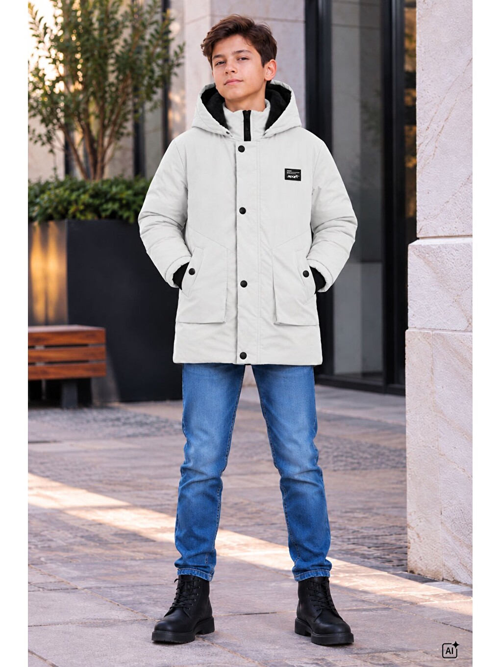 Gri Erkek Çocuk Kürklü Kapüşonlu İçi Polarlı Şişme Mont 24913