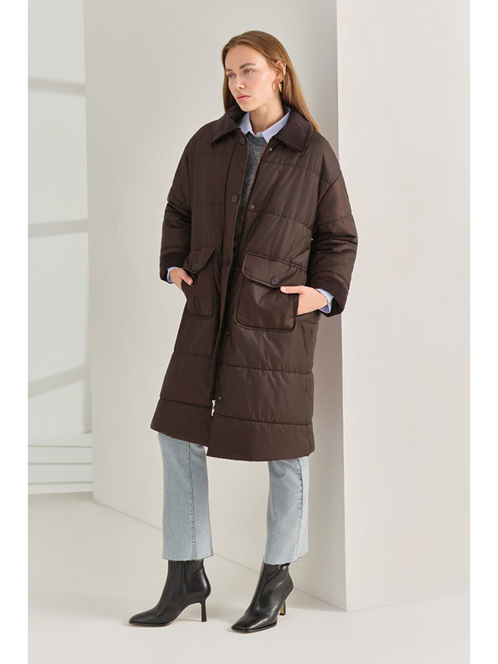 Fitilli Kadife Garnili Uzun Şişme Mont 35691 Kahverengi