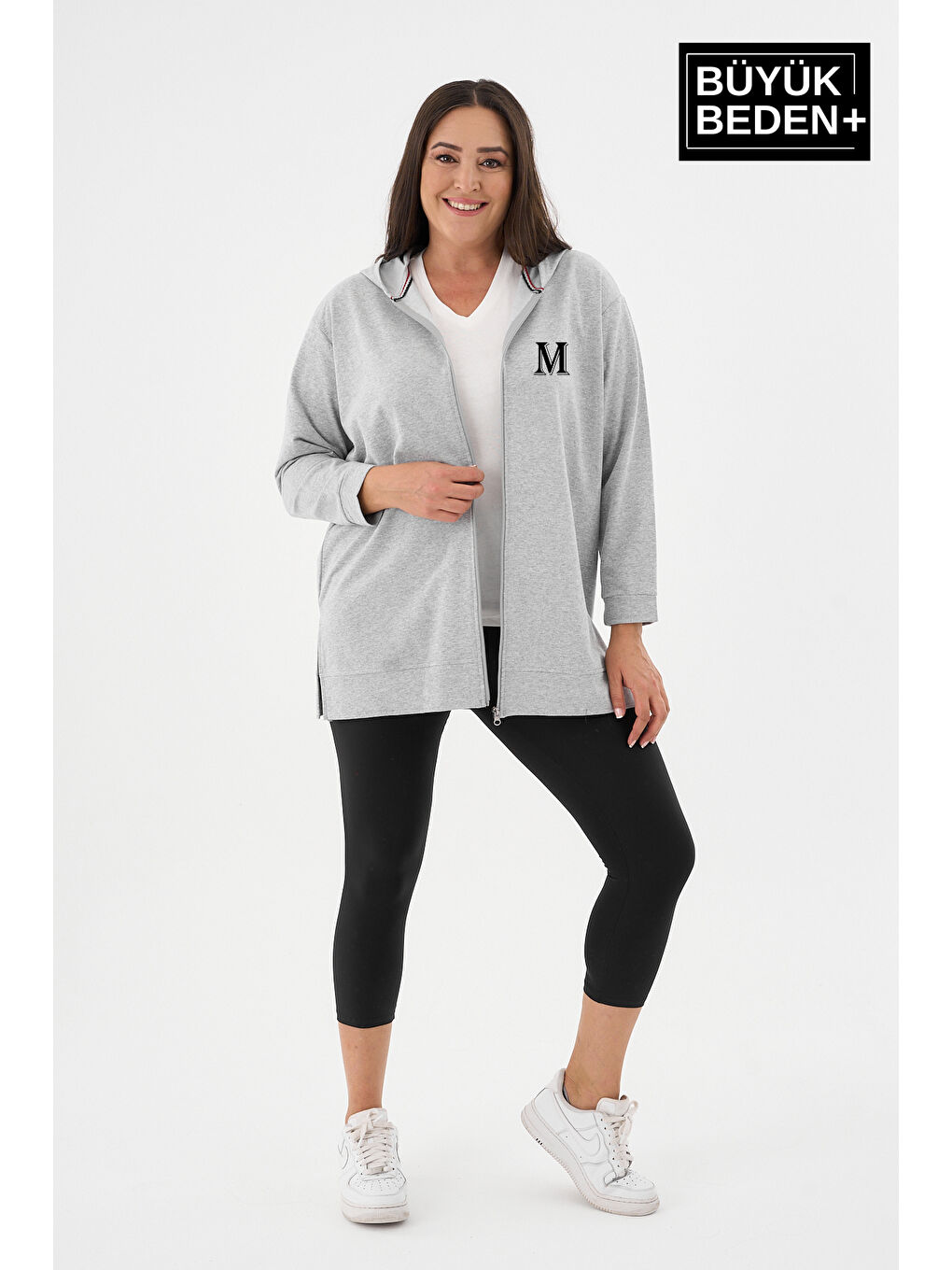 Gri Kadın Tunik Büyük Beden M Baskılı Fermuarlı Kapüşonlu Sweat Hırka SPR26BTK955-4-1