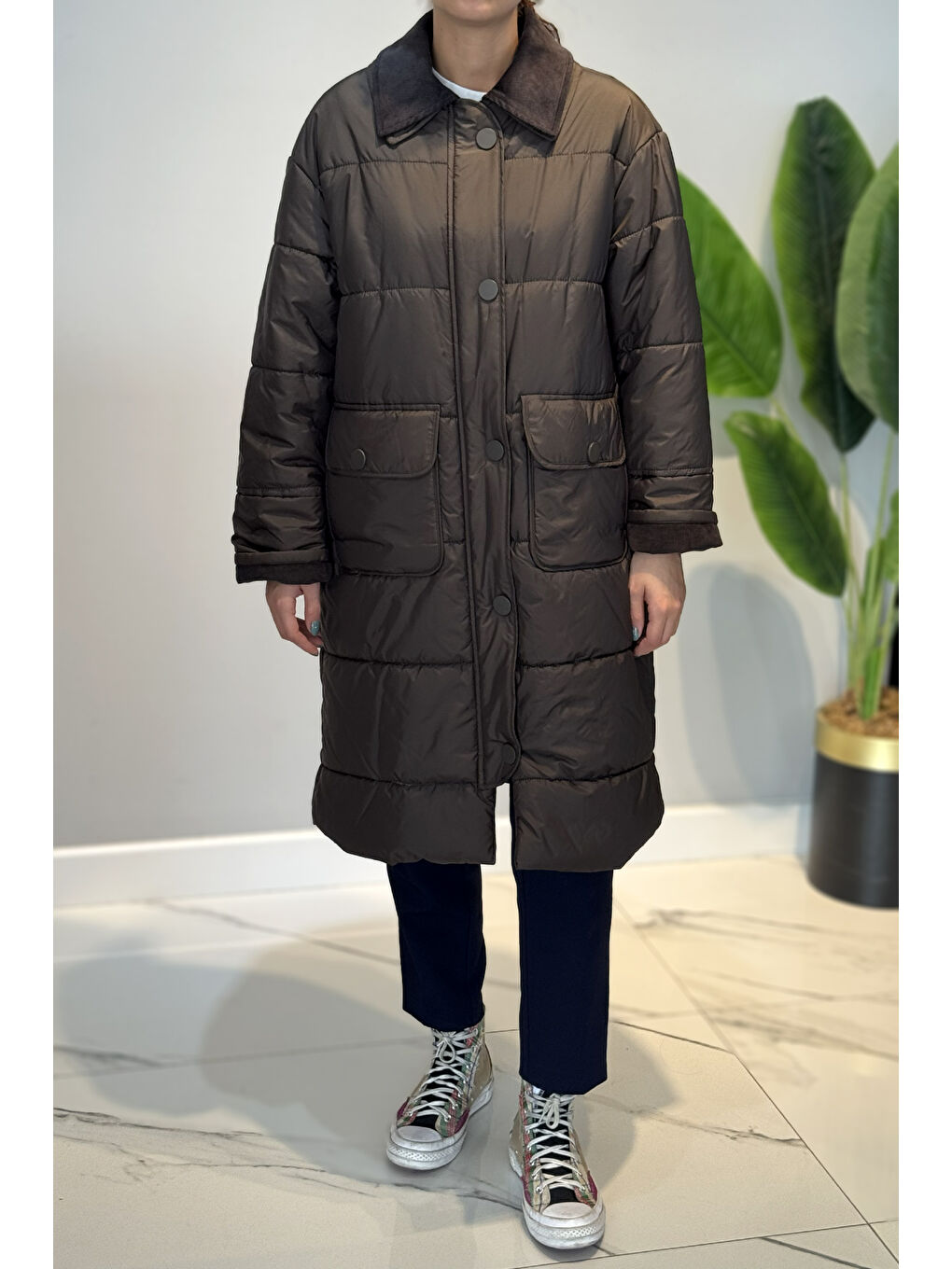 Fitilli Kadife Garnili Uzun Şişme Mont 35691 Kahverengi-1