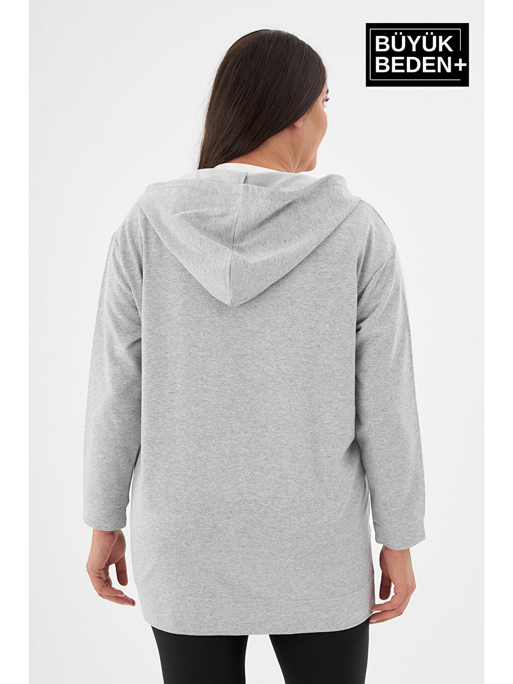 Gri Kadın Tunik Büyük Beden M Baskılı Fermuarlı Kapüşonlu Sweat Hırka SPR26BTK955-4-2