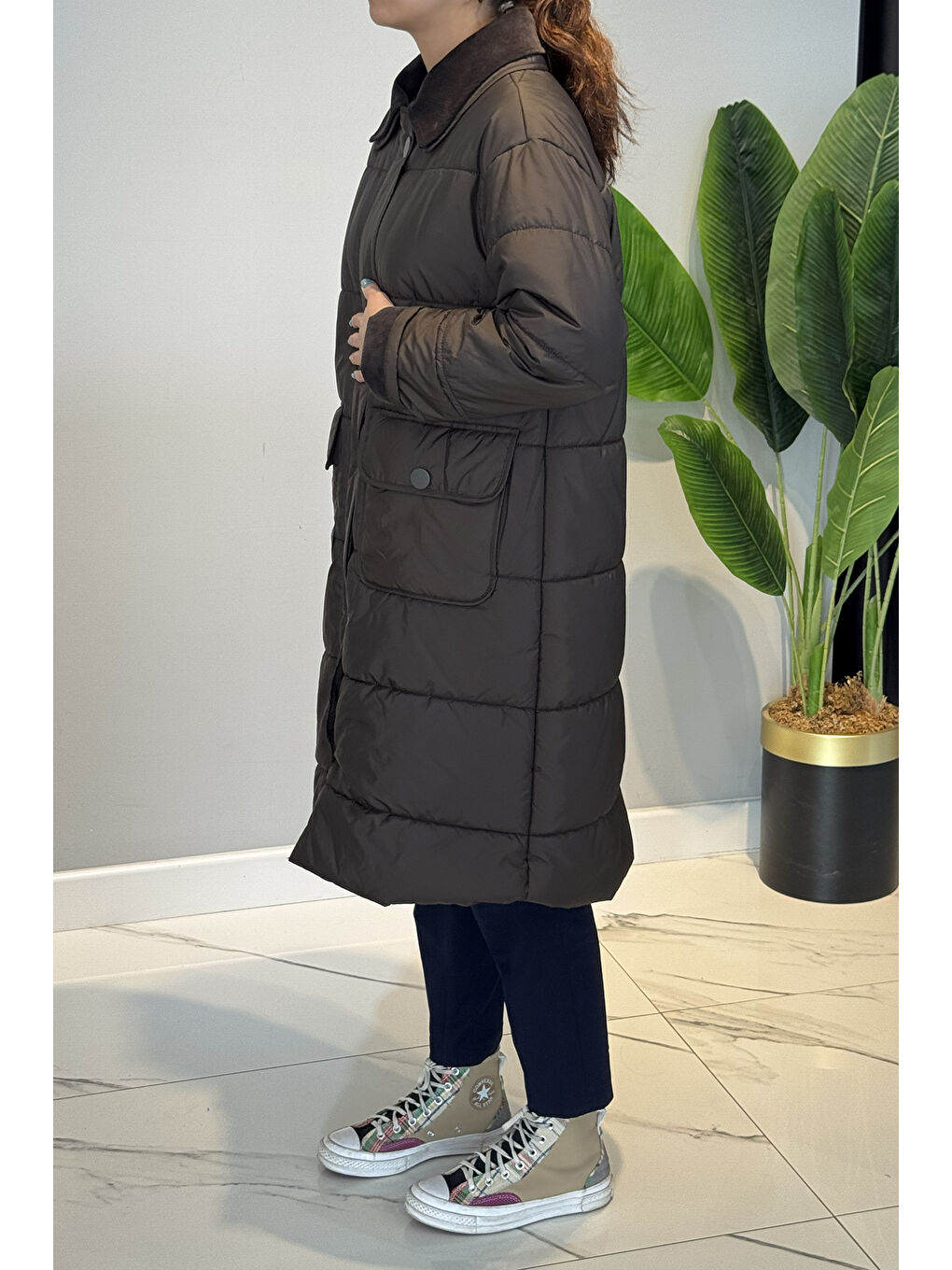 Fitilli Kadife Garnili Uzun Şişme Mont 35691 Kahverengi-2