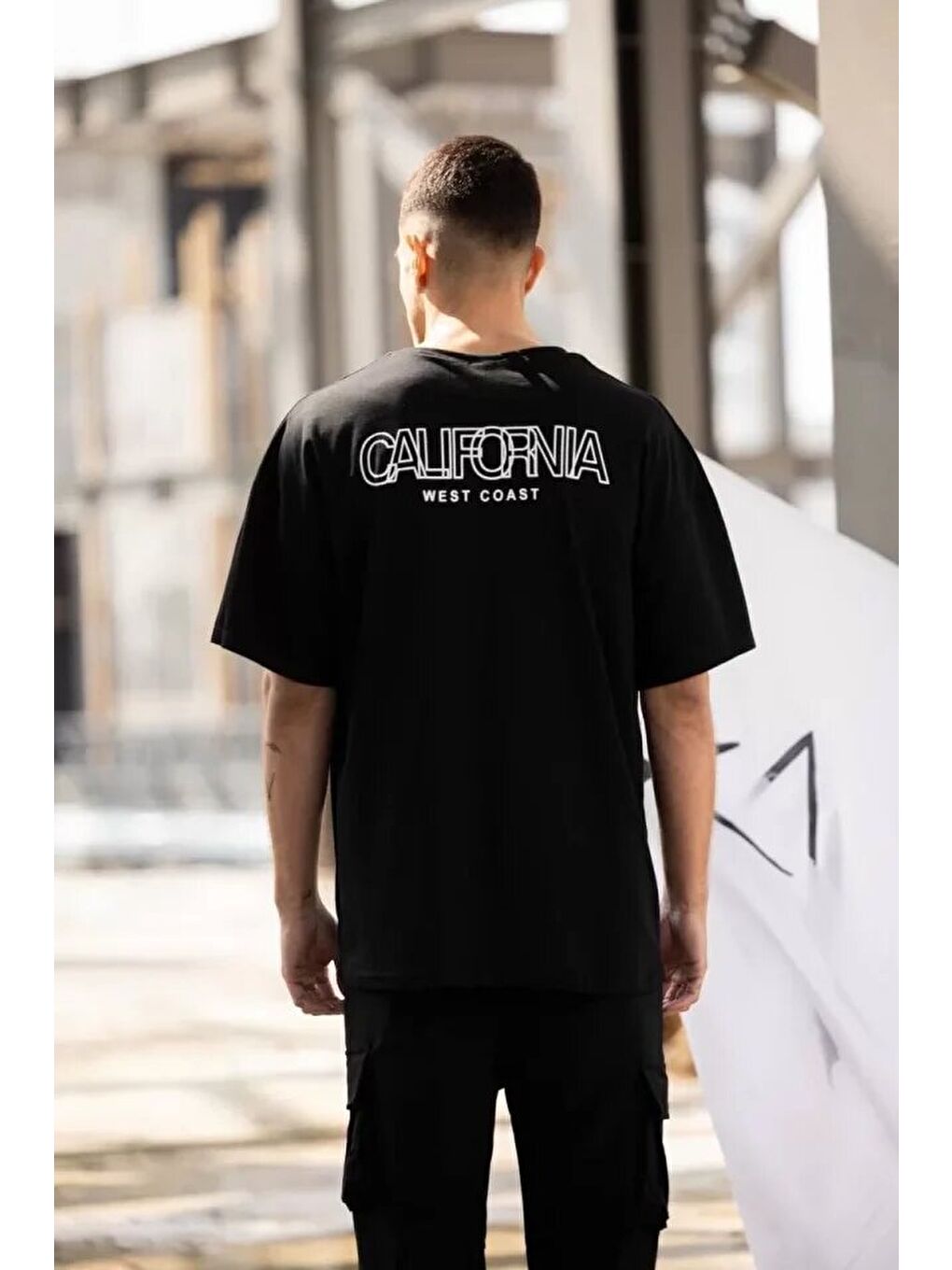 Unisex Bisiklet Yaka Baskılı Oversize T-Shirt - Siyah-1