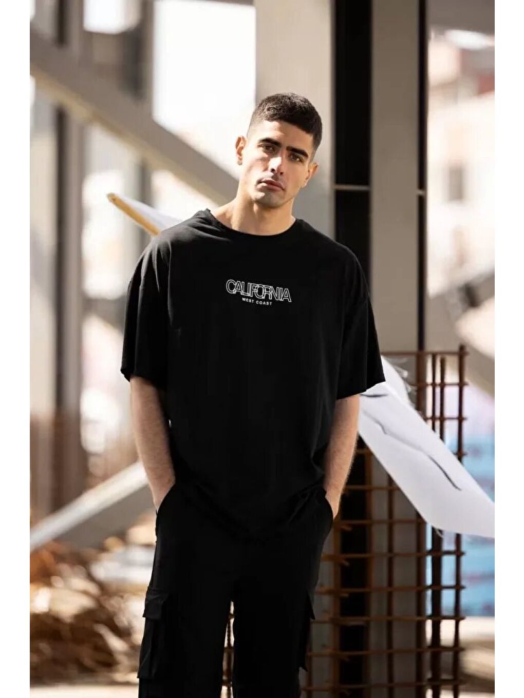 Unisex Bisiklet Yaka Baskılı Oversize T-Shirt - Siyah-2