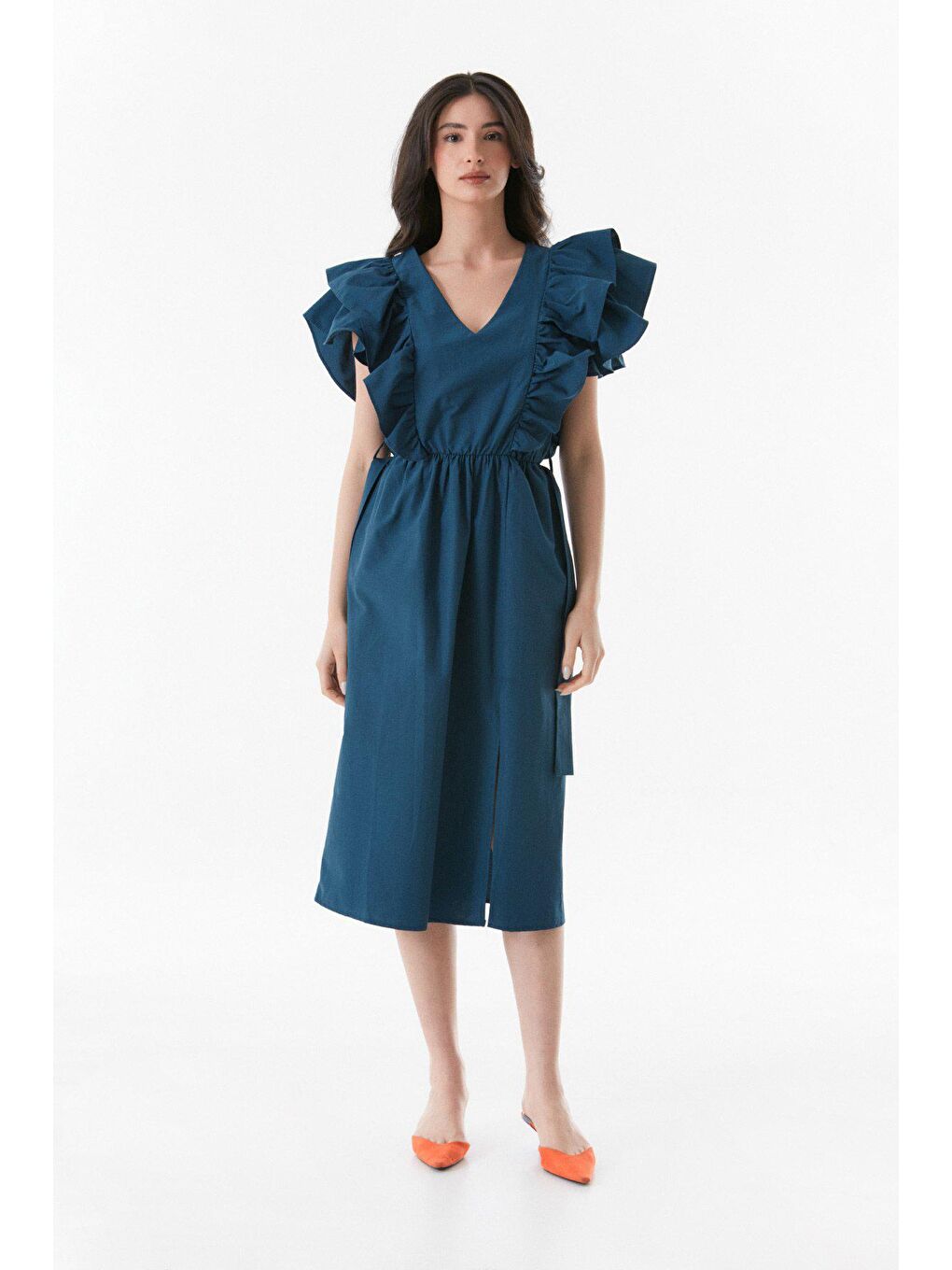 İndigo Yakası Fırfırlı Yırtmaçlı Beli Kuşaklı Elbise-1