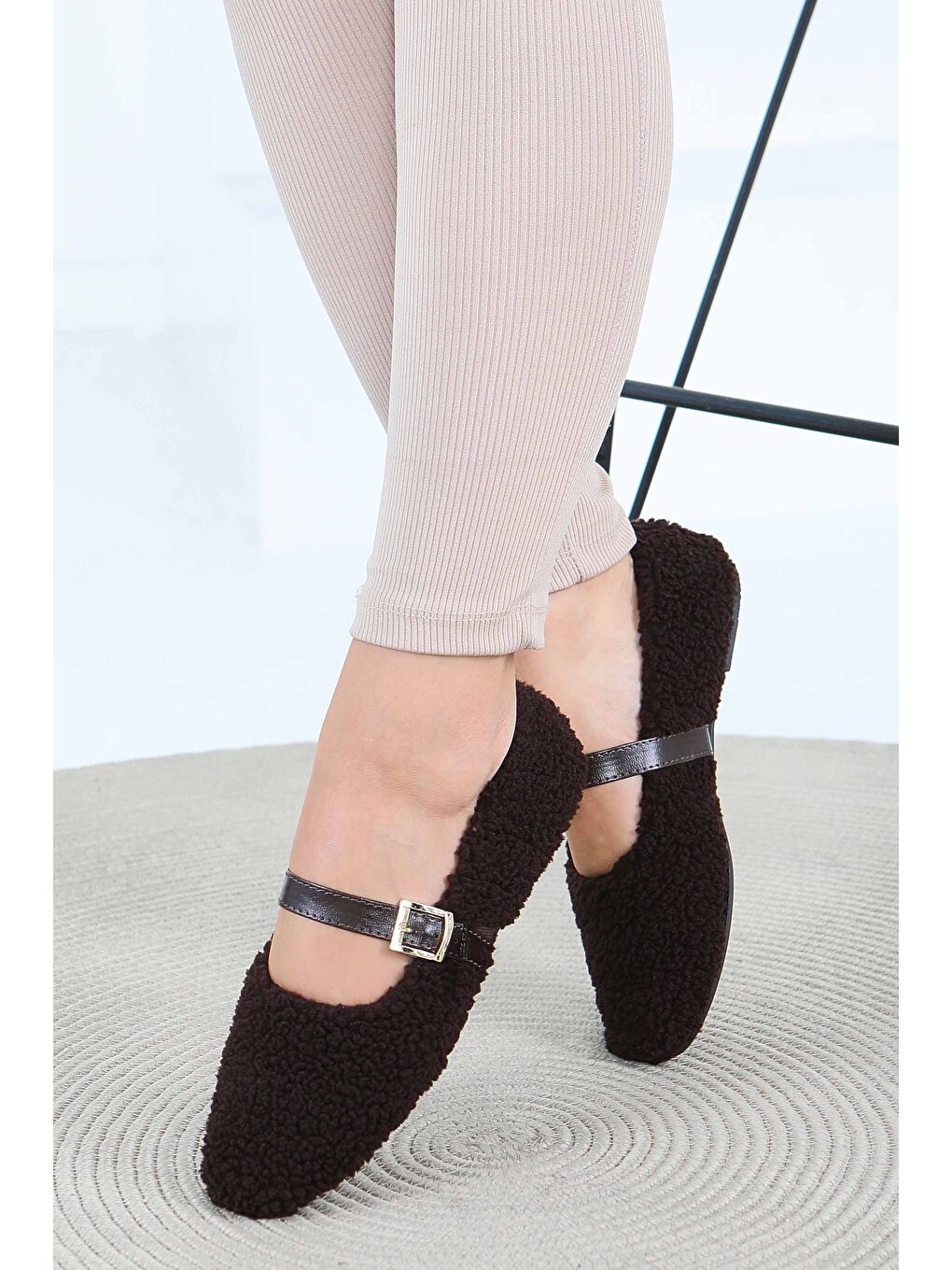 Kahverengi Kadın Kahve Pelüş Kemerli Babet - 27792-KAHVE-1