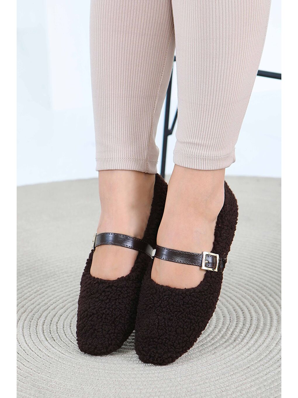 Kahverengi Kadın Kahve Pelüş Kemerli Babet - 27792-KAHVE-2