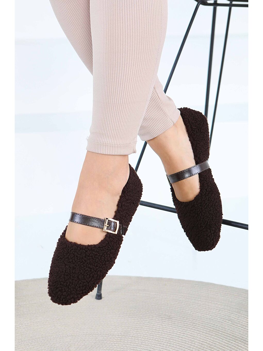 Kahverengi Kadın Kahve Pelüş Kemerli Babet - 27792-KAHVE-3