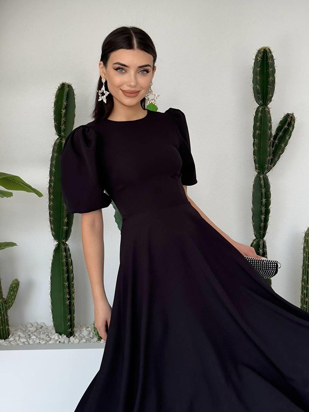 Siyah Catania Balon Kol Elbise