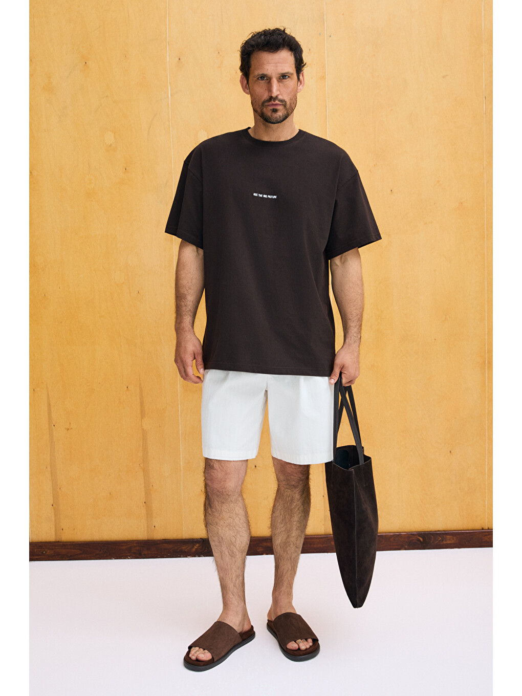 Kahverengi RIVER Erkek Oversize Fit Bol Kesim Nakış İşlemeli Basic Örme KAHVERENGİ T-Shirt-3