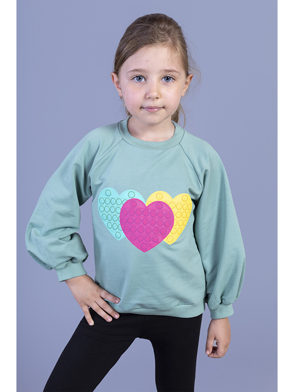Yeşil Kız Çocuk Popıt Desenli Sweatshirt