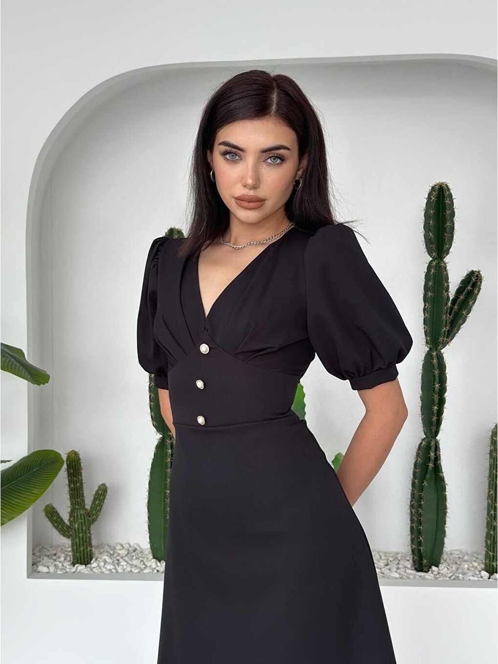 Siyah Linda Midi Elbise-2