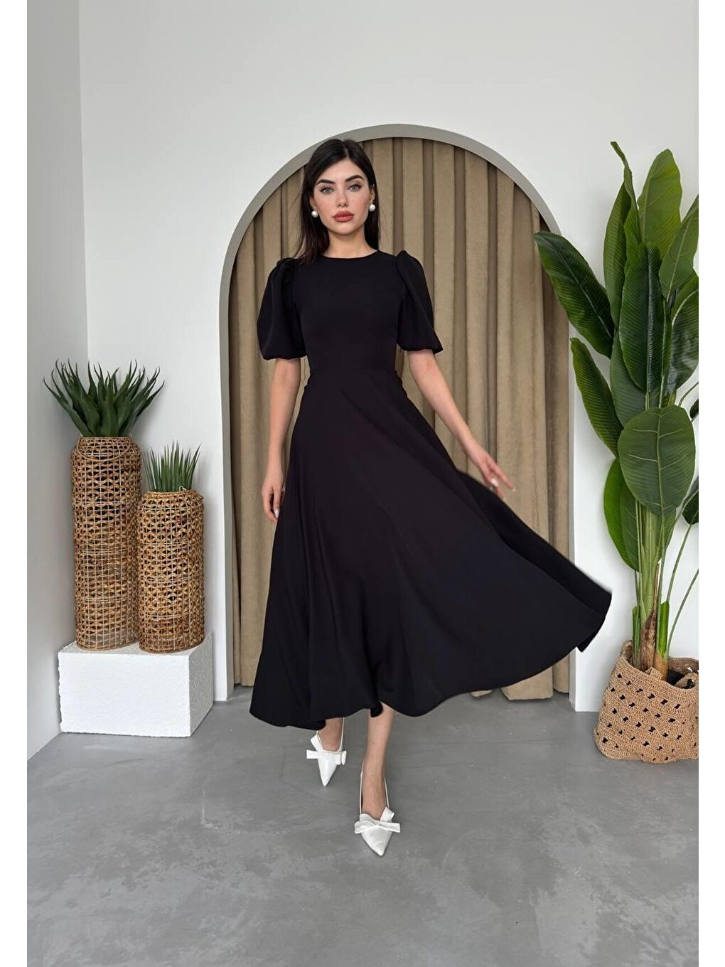 Siyah Catania Balon Kol Elbise-3