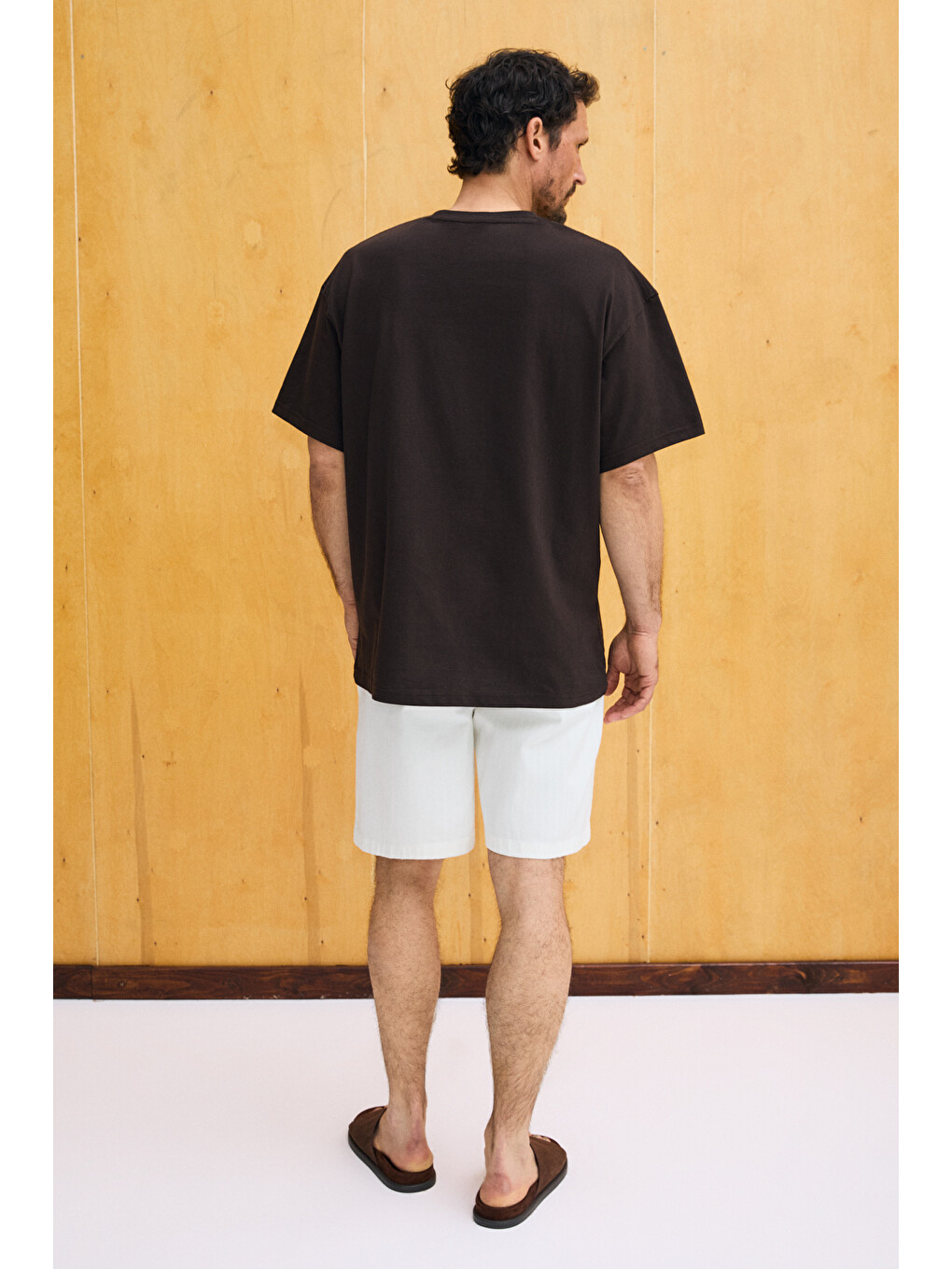 Kahverengi RIVER Erkek Oversize Fit Bol Kesim Nakış İşlemeli Basic Örme KAHVERENGİ T-Shirt-4