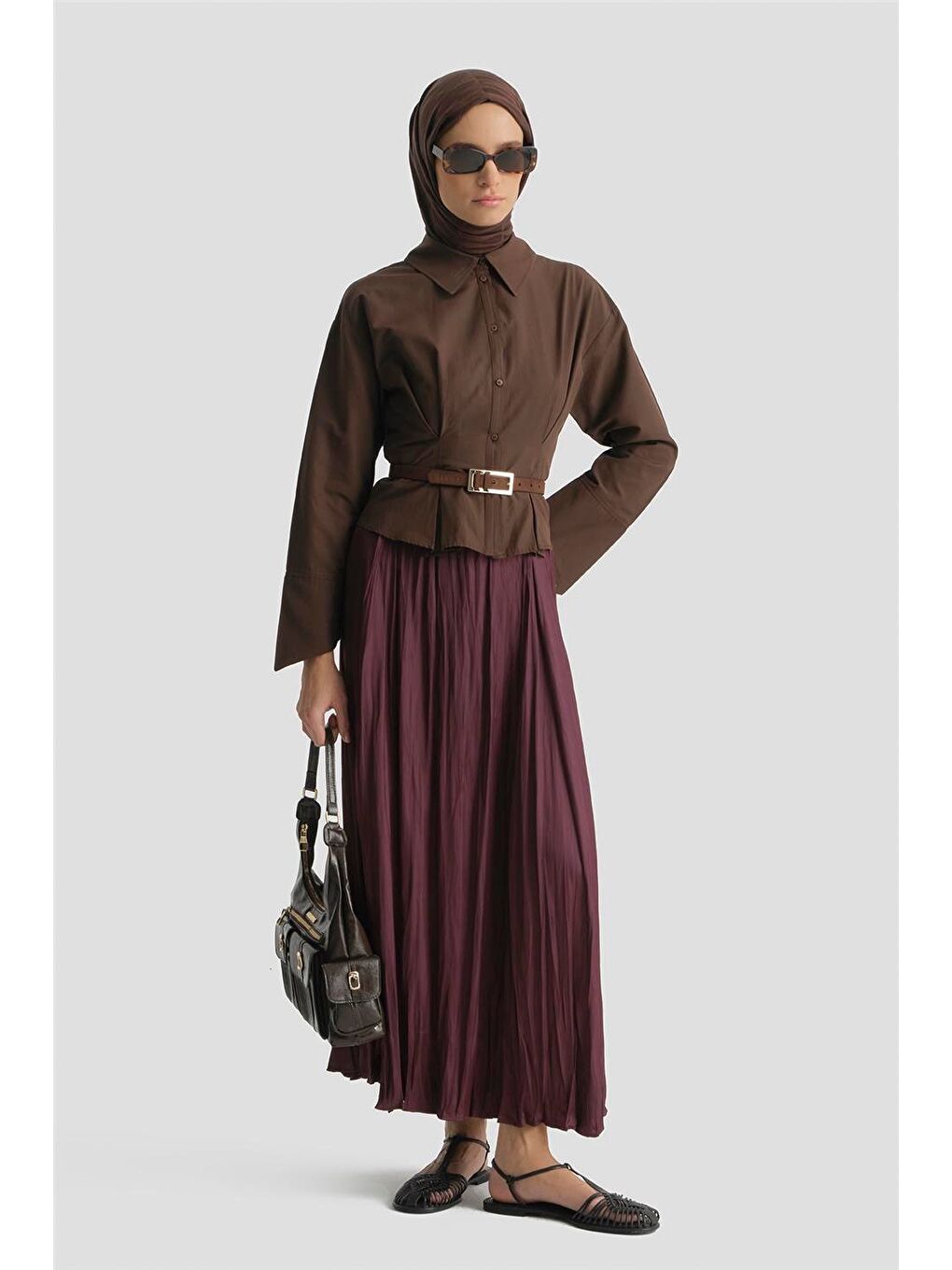 Kırışık Efektli Saten Etek Mürdüm-1