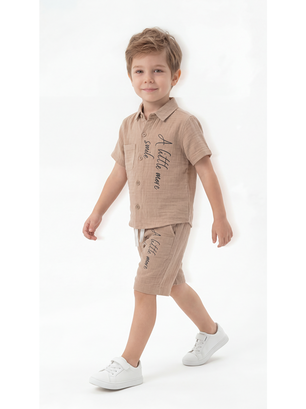 Bej A Little More Smile Baskılı Cep Detaylı Erkek Çocuk Gömlek & Şort Takımı-1
