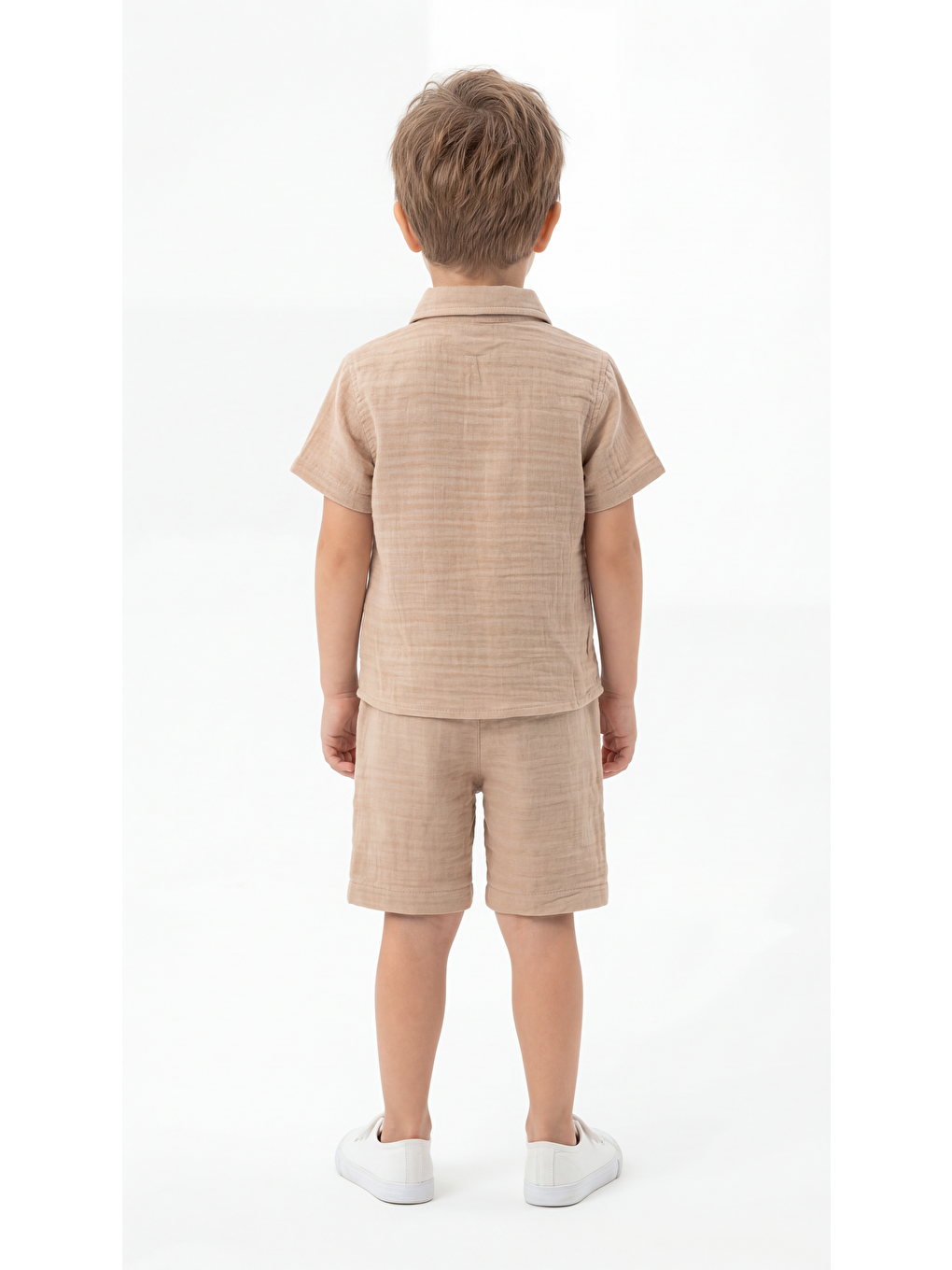 Bej A Little More Smile Baskılı Cep Detaylı Erkek Çocuk Gömlek & Şort Takımı-3