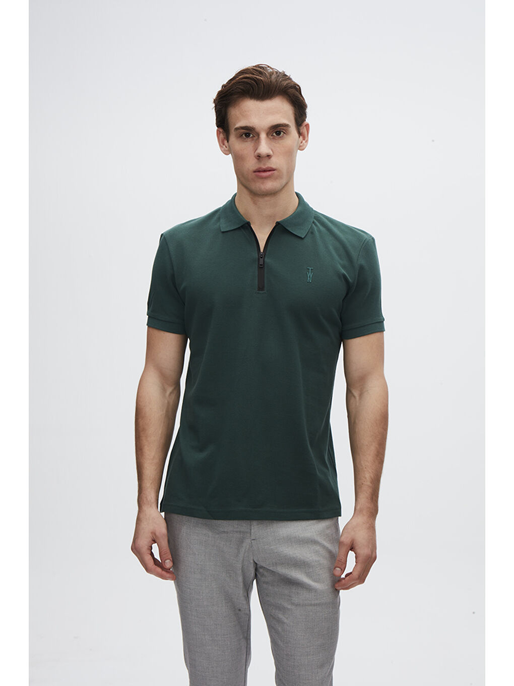 Slim Fit Haki Pike Dokulu Yarım Fermuarlı Polo Yaka Yazlık Tişört-1