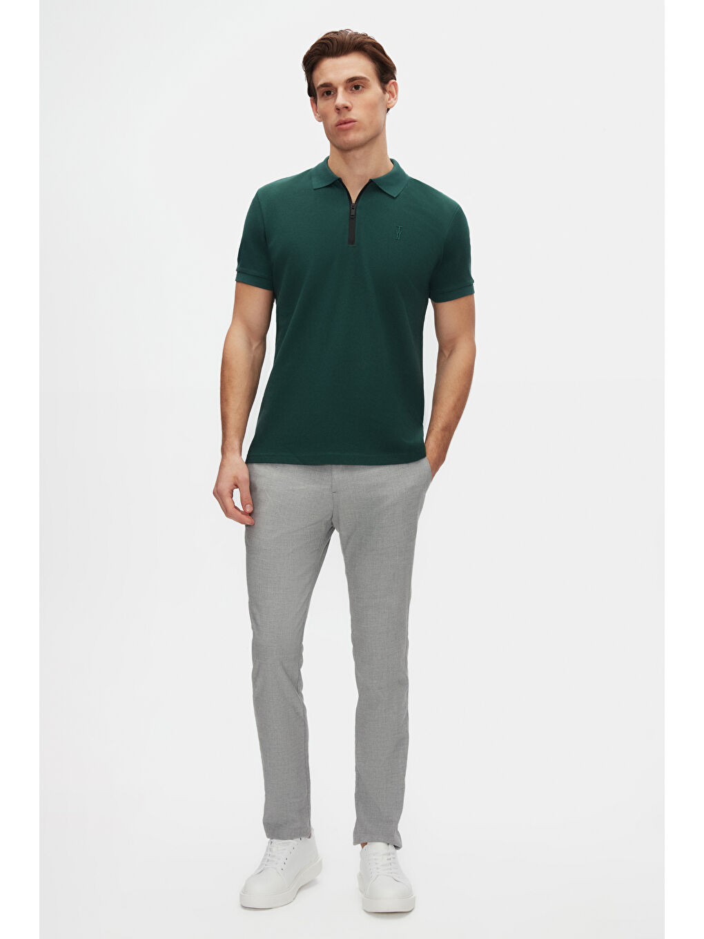 Slim Fit Haki Pike Dokulu Yarım Fermuarlı Polo Yaka Yazlık Tişört-3