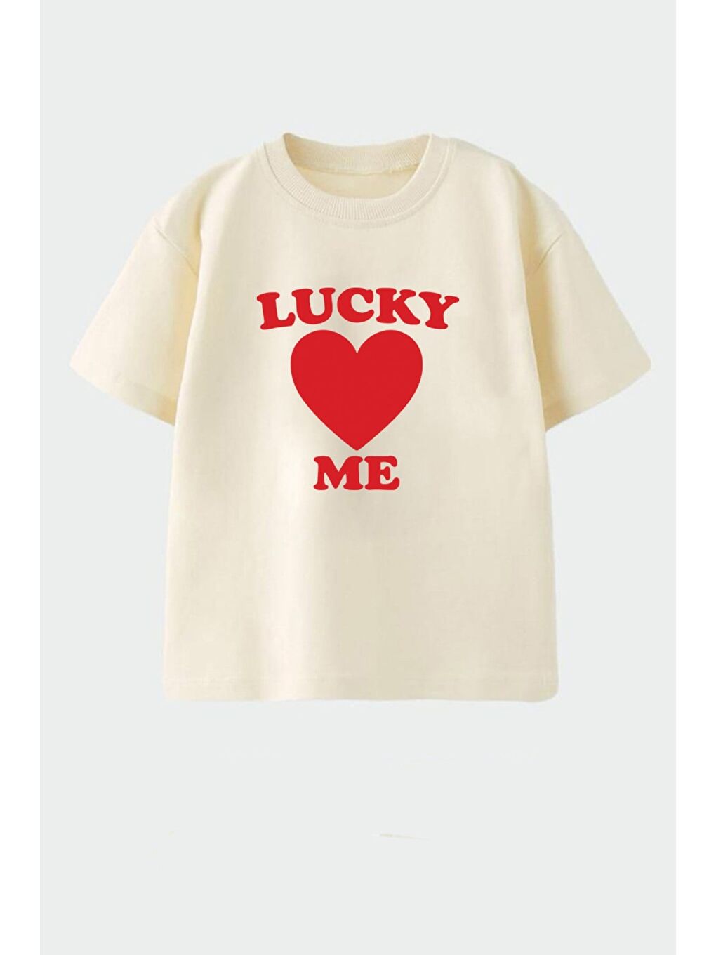 Bej Kız Çocuk Pamuklu Bisiklet Yaka Kalp Baskılı T-Shirt