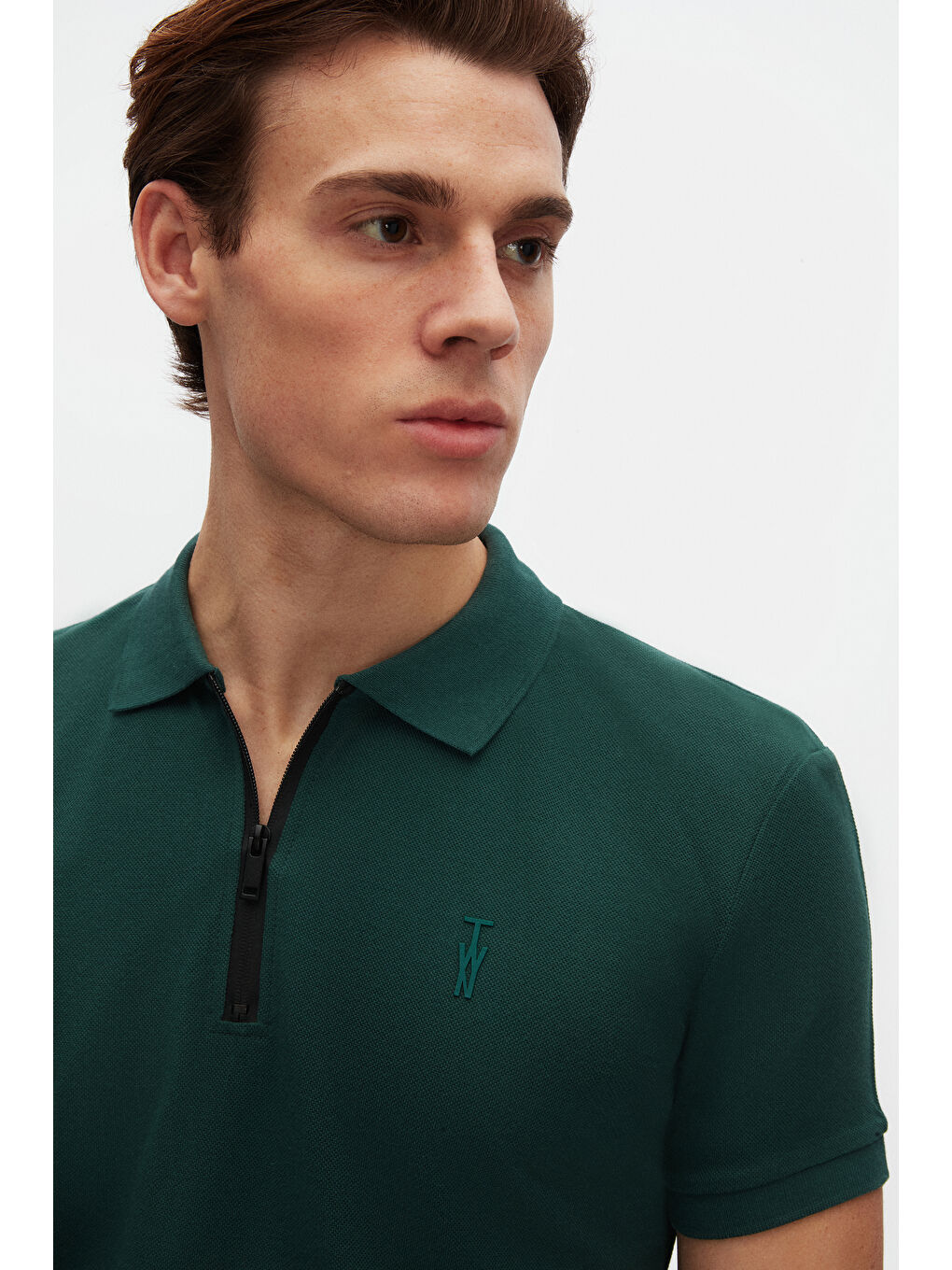 Slim Fit Haki Pike Dokulu Yarım Fermuarlı Polo Yaka Yazlık Tişört-5