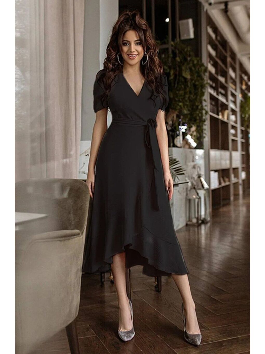 Siyah Kadın Kruvaze Yaka Midi Boy Kuşaklı Krep Elbise 120 Cm-3