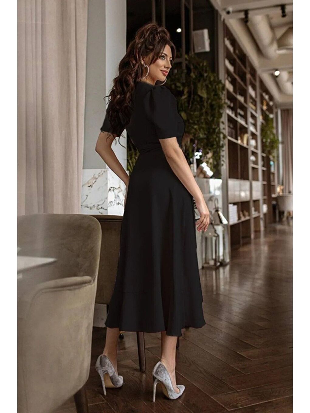 Siyah Kadın Kruvaze Yaka Midi Boy Kuşaklı Krep Elbise 120 Cm-4