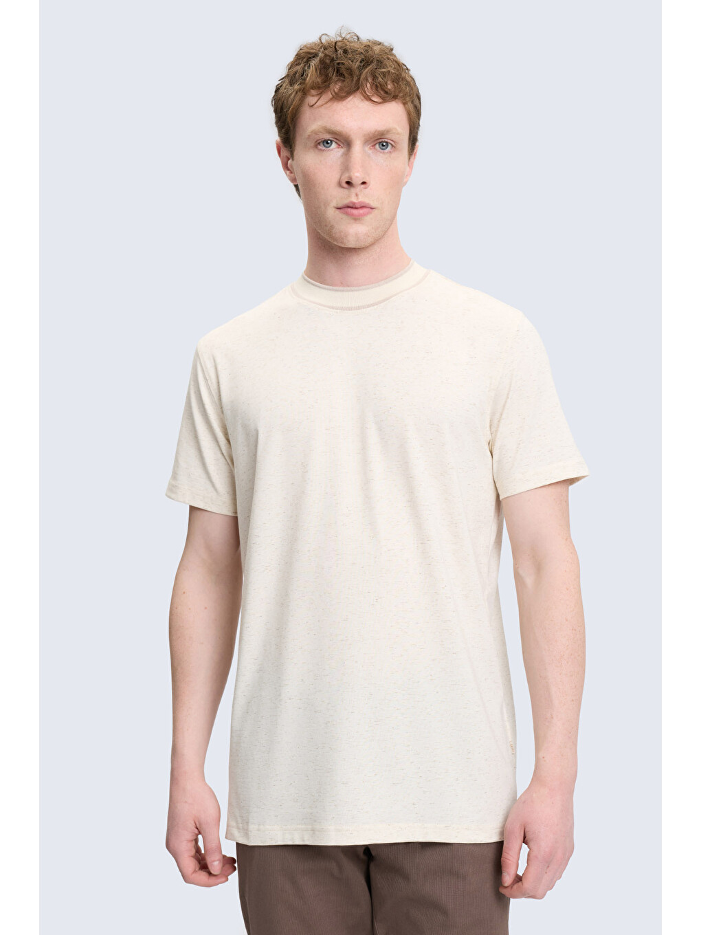 Ekru Regular Fit Bisiklet Yaka Keten Tişört