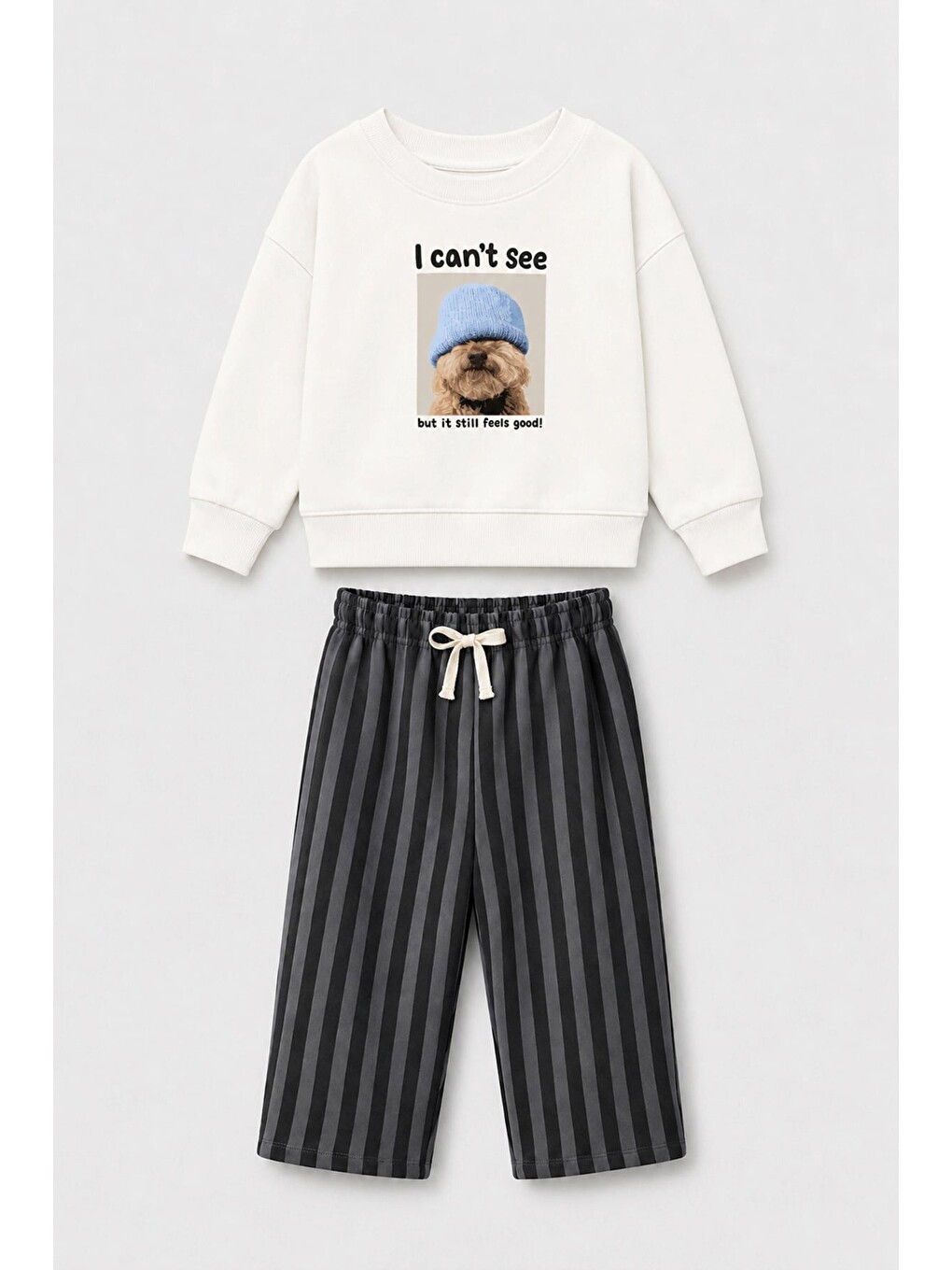 Unisex Çocuk Ekru Köpek Baskılı Sweatshirt Ve Antrasit Çizgili Eşofman Alt Üst Takım-1