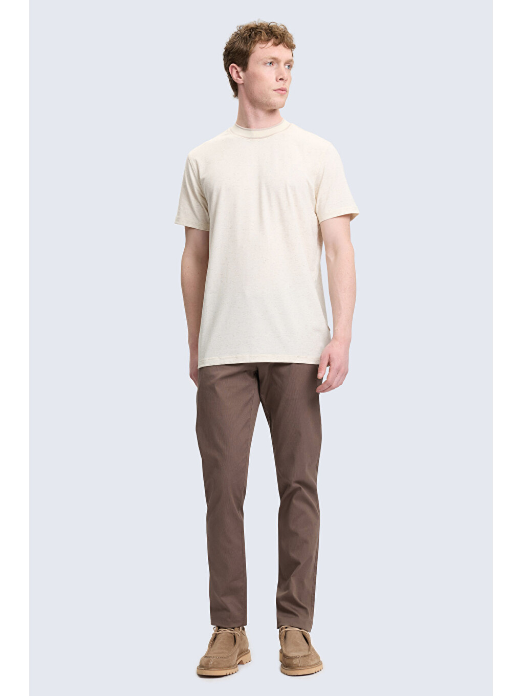 Ekru Regular Fit Bisiklet Yaka Keten Tişört-1