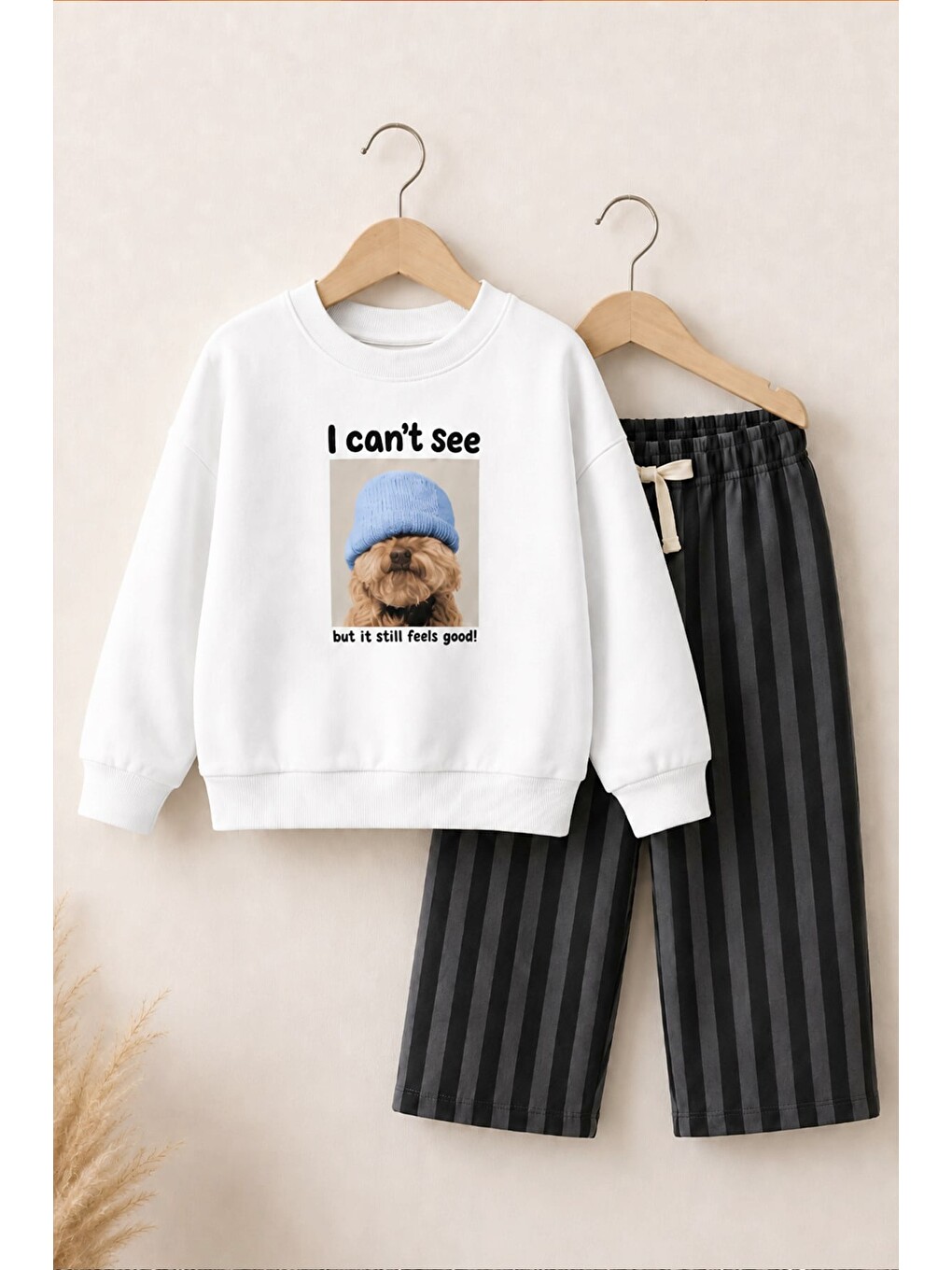 Unisex Çocuk Ekru Köpek Baskılı Sweatshirt Ve Antrasit Çizgili Eşofman Alt Üst Takım-2
